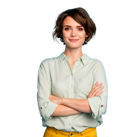 Woman with crossed arms wearing a light shirt and yellow pants against a green background.